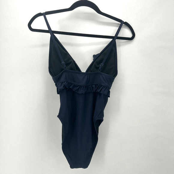 J. Crew Ruffle Deep-V One‎ Piece Swimsuit Size 4 Blue Padded Beach Preppy Pin Up - Picture 5 of 11